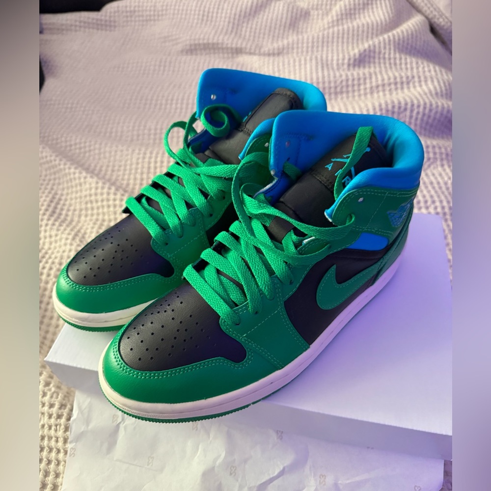 Nike Air Jordan 1 Mid Black Lucky Green Aquatone Sneakers